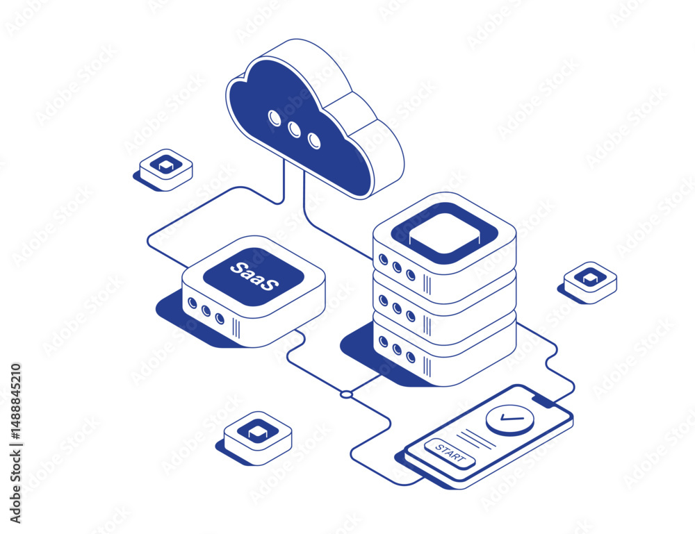 Poster mobile phone with success icon connected to saas server rack and large server stack with cloud servi