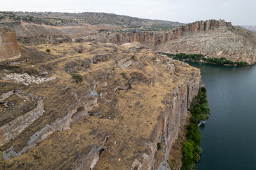 Aerial View of Rumkale Fortress on the Euphrates River – Ancient Citadel at the Confluence of the...