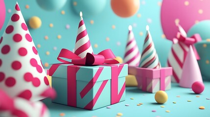 Gift box and party hats celebration