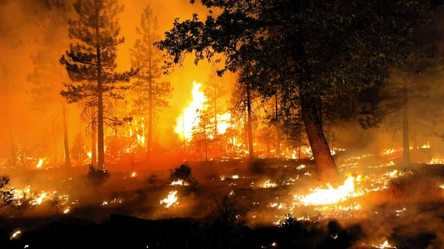 Orange Flames Releasing From Trees And Land During Forest Fire - Sierra Nevada, California
