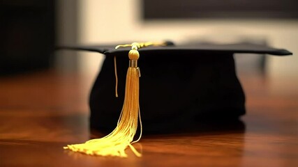 close-up low-angle shot of graduation cap with golden tassel on textured surface, symbolizing achievement, education, and success, perfect for graduation ceremonies, academic videos, and celebration