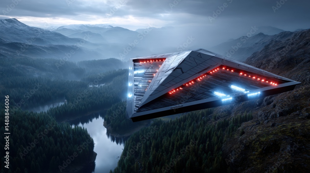 Poster a large space ship is flying over a forest and a river
