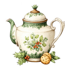 Antique teapot with holly leaves and cookies creates a festive image.