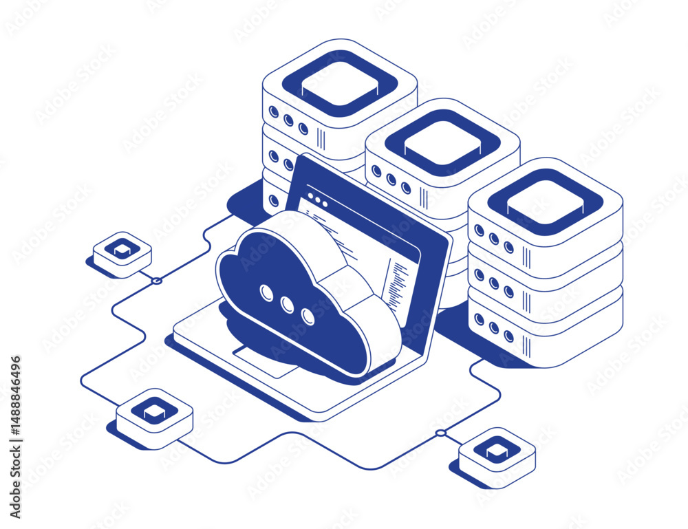 Poster cloud storage isometric concept with floating cloud service icon above laptop and server racks showi