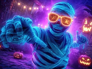 Neon Glowing Mummy in Sunglasses Dancing Halloween Night Party with Pumpkins Jack o Lanterns Spooky Purple Background Holiday Digital Art Illustration Decor Image