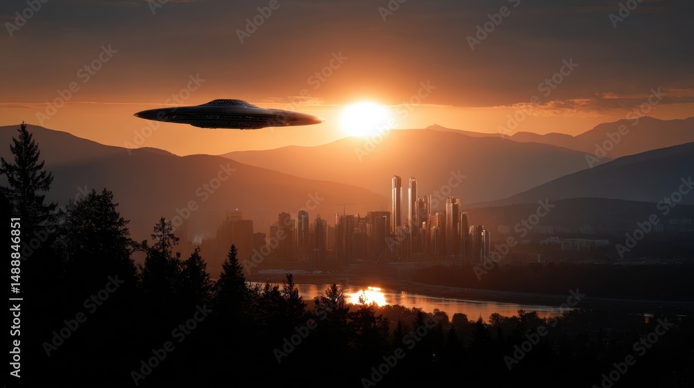 Aufkleber a city is shown in the background with a large, alien-like object flying over it