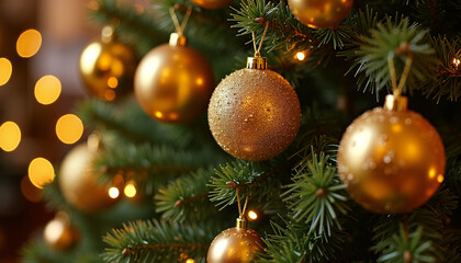 Close-Up of Festive Gold Ornaments on Christmas Tree