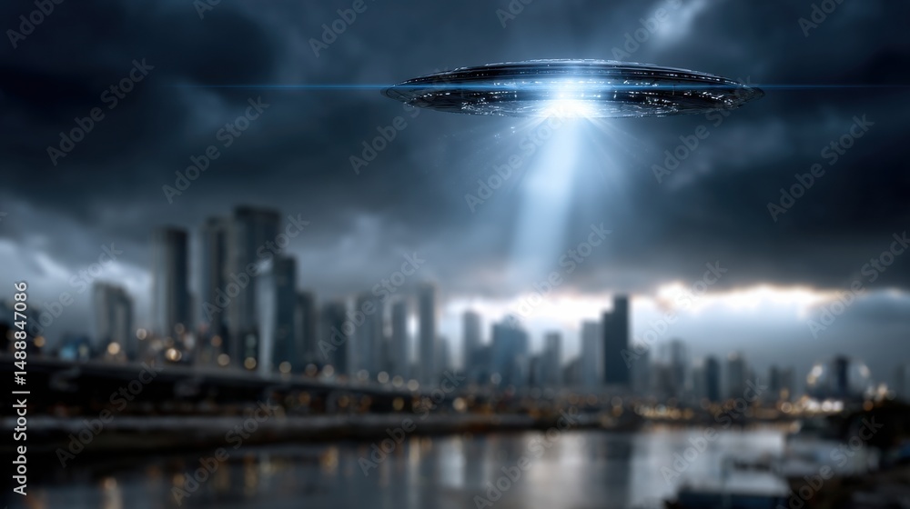 Poster a city skyline with a large ufo hovering over it