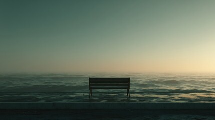Empty wooden bench on a misty shoreline at sunrise.