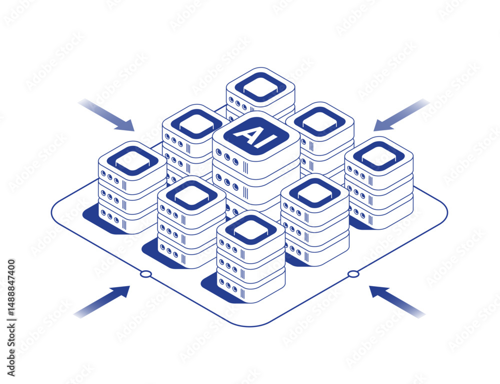 Poster data center server room isometric illustration with main server rack surrounded by smaller servers c
