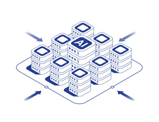 Data center server room isometric illustration with main server rack surrounded by smaller servers connected by data cables and arrows showing information flows in line contour vector style.