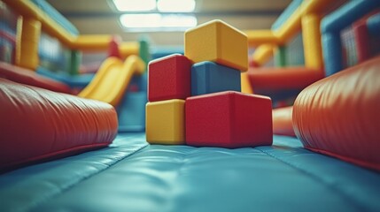 Colorful play blocks in an indoor inflatable play area