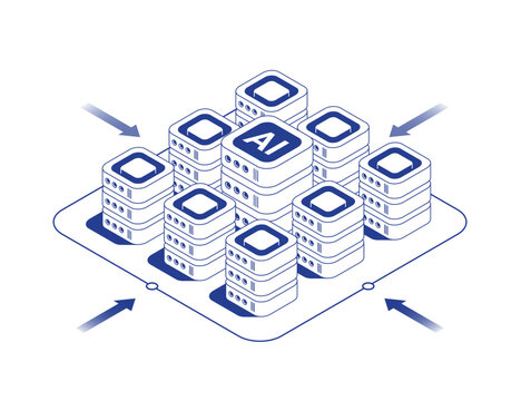 Data center server room isometric illustration with main server rack surrounded by smaller servers connected by data cables and arrows showing information flows in line contour vector style.