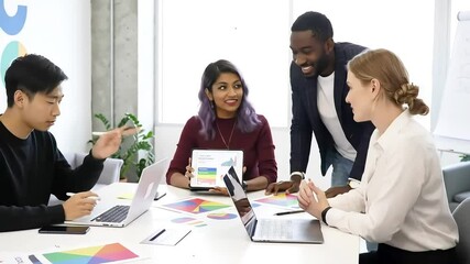 creative agency team in collaborative meeting, discussing campaign ideas, reviewing client feedback and brand strategy with tablet and metrics, digital marketing teamwork and planning session indoors