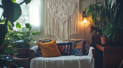 A 1970s macramé wall hanging in a cozy corner with potted plants and retro lighting