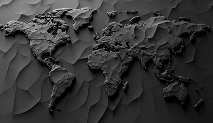 Dark, textured world map rendering, relief style.