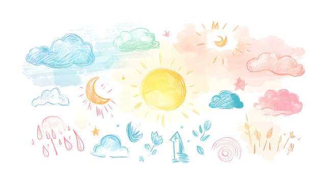 bundle of hand-drawn weather icons, outline style, soft colors, designed for apps and websites, consistent style