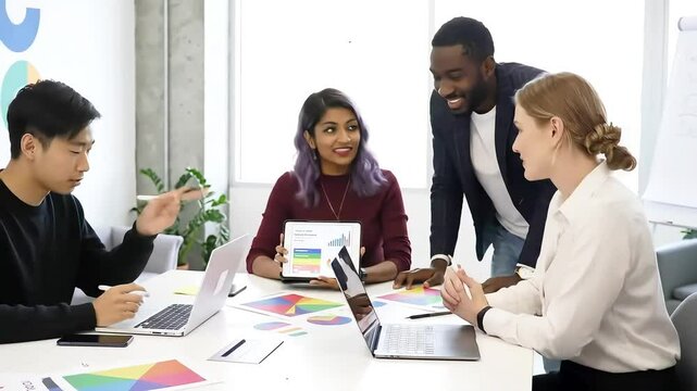 creative agency team in collaborative meeting, discussing campaign ideas, reviewing client feedback and brand strategy with tablet and metrics, digital marketing teamwork and planning session indoors