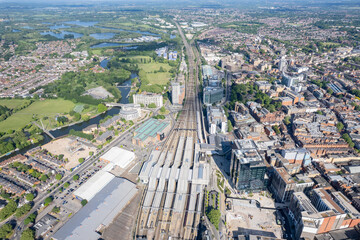 Epic aerial view of Reading center and railway station, modern city, Berkshire, United Kingdom