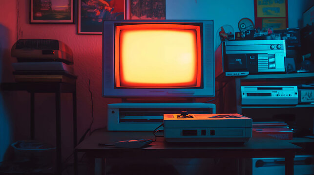 A 1990s gaming console connected to a small TV with a glowing screen in a dim room