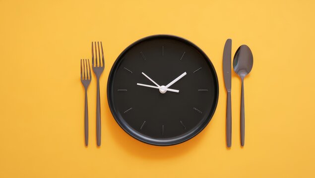 A plate with cutlery and a clock on the table, a concept of fast food and the limited time for a meal