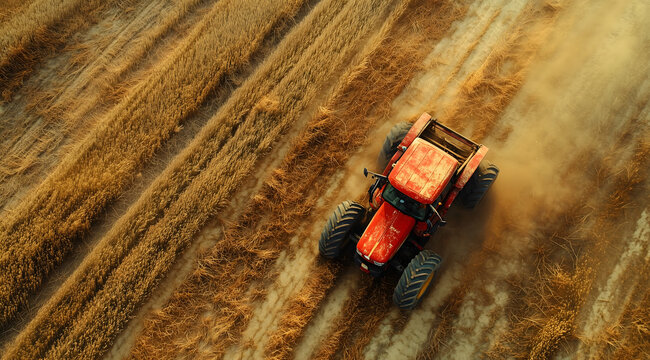 Aerial View of Red Tractor Harvesting Golden Wheat in Dusty Agricultural Field at Sunset with Dramatic Light and Rural Farm Landscape