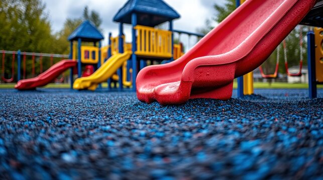 Colorful playground slide and structures on dark blue rubberized ground
