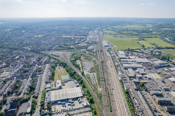 Epic aerial view of Reading center and railway station, modern city, Berkshire, United Kingdom