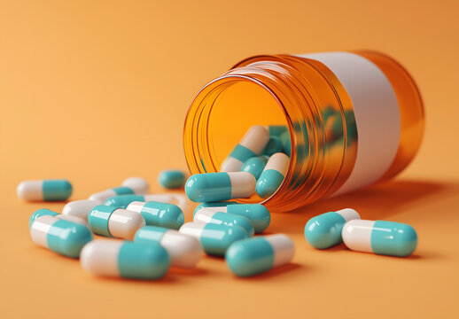 Vibrant Orange Medicine Bottle Spilling Glossy Teal and White Capsules on a Warm Gradient Surface
