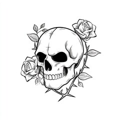 Fototapeta premium Skull with Roses and Thorns Outline
