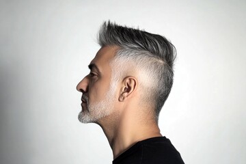 Obraz premium A poised man displaying elegance and charm. Classy men's mullet haircut - midlife arabian man with short hair. Visual idea of style for aging men. Pure white solid background.