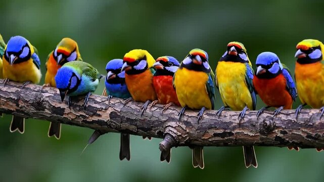 Vibrant parrots socialize on branch in lush jungle setting wildlife interaction concept