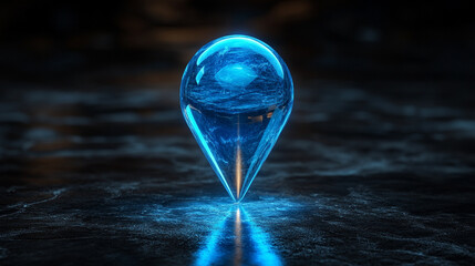 A sleek blue 3D location glass icon shaped as a GPS pointer or pin sign, set against a minimalistic reflective surface. The icon has a glossy, translucent texture, giving it a modern and futuristic ap