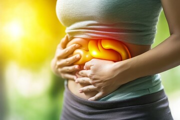 Woman holding her stomach with bright yellow and red overlay indicating pain and digestive issues