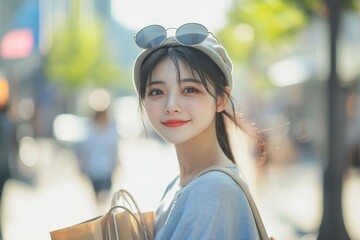 Portrait of a young woman with sunglasses on her head holding shopping bags on a sunny street