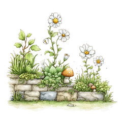 Obraz premium A whical watercolor garden bursts from the old brick wall with daisies.