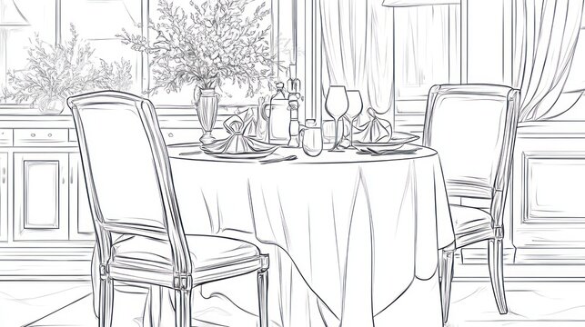 Elegant dining room table setting, restaurant interior, window view, floral arrangement, menu design