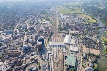 Epic aerial view of Reading center and railway station, modern city, Berkshire, United Kingdom