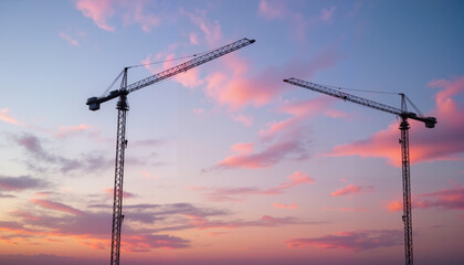 Obraz premium Construction cranes silhouetted against a colorful sunset sky 