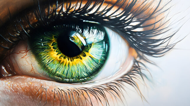 Close-up of a striking green eye with detailed iris - Powered by Adobe