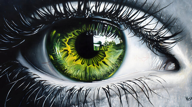 Close-up of a striking green eye with detailed iris