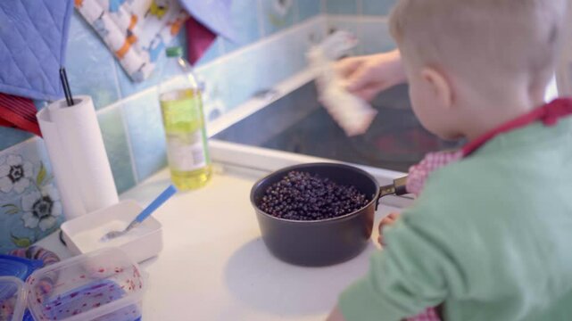 Toddler Boy With Mother Keeping Pan Full Of Currants On Induction Stove While Making Jam At Home - Tromso, Norway