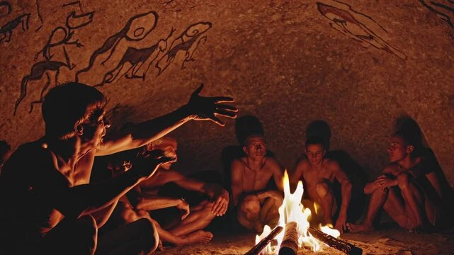 Cavemen telling stories around a fire with cave paintings behind them