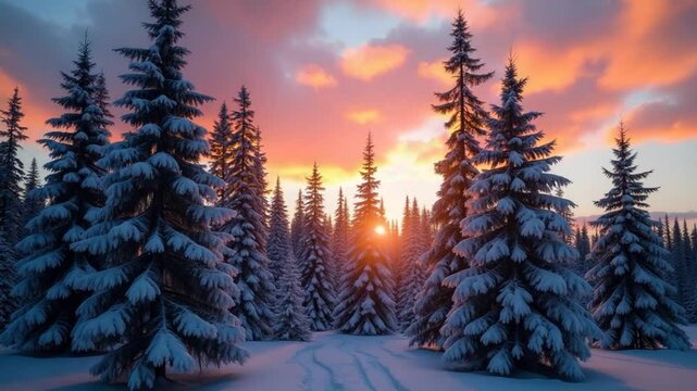 Footage of Pine Trees in Nature Landscape with Beautiful Majestic Sky with Sparkling Snow in Twilight