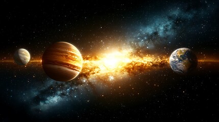 Celestial event stunning planetary alignment outer space digital art cosmic wonders wide angle minimalist aesthetic