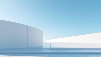 Serene Minimalist Architecture with Curved Lines and Clear Blue Sky Over Bright Reflective Surface