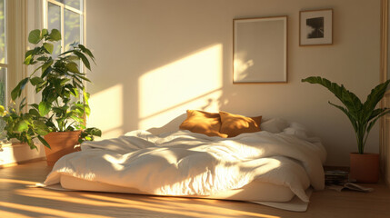 Sunlit Morning in Bedroom with Unmade Bed, Mattress, and Pillows

