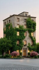 Obraz premium Elegant Urban Building Wrapped in Lush Green Ivy at Dusk