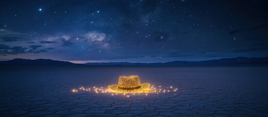 Starry Night Desert Landscape with Illuminated Hat
