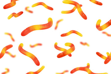 Falling Gummy candy worm, isolated on white background, selective focus